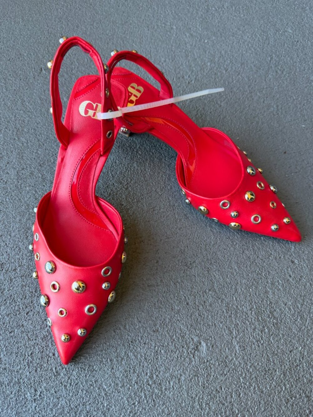 Gianni Bini Red Leather Studded Heels 7 Slingback Kitten Pointed Toe NWOB - Picture 2 of 7